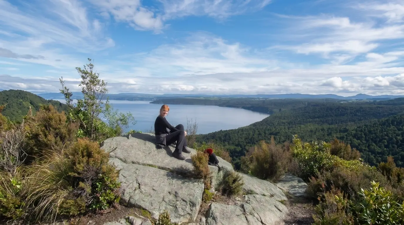 Sandra on Kawakawa Bay walk on a sunny day in Taupo